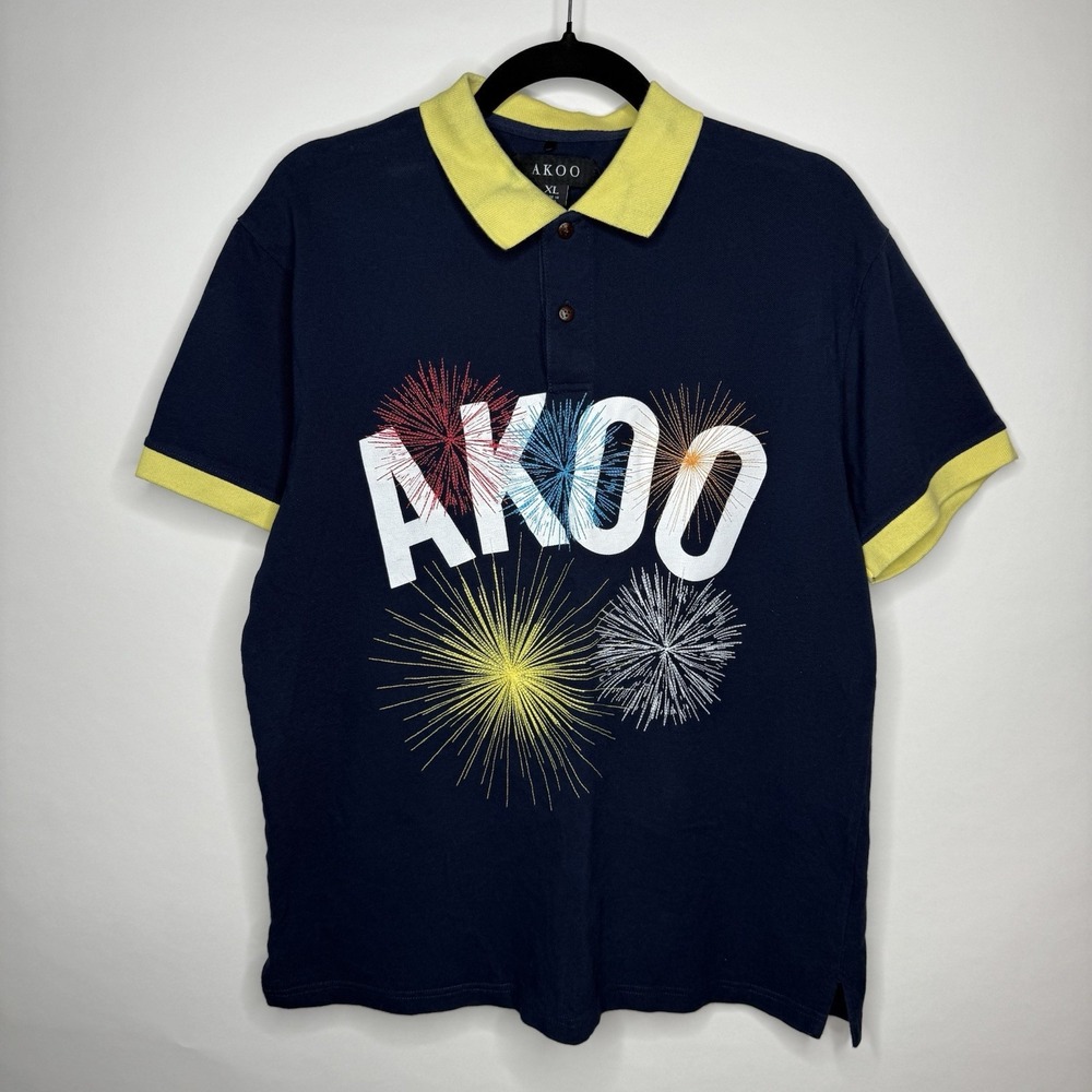 Akoo Mens Polo Shirt Size X-Large Navy Fireworks Graphic Print Short Sleeve